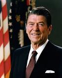 Stock photo of Ronald Reagan in front of a U.S. Flag.
